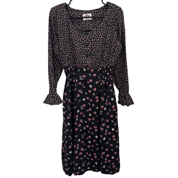 Lanz Originals Dresses & Skirts - VTG 80s Lanz Originals Ditsy Floral Shirred Midi Dress Black Pink Chintz Cottage